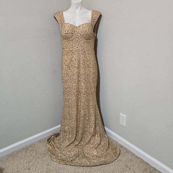 XL (12ish) Shein Gold Stretch Sequin-Tinsel Cap-Strap Gown with Molded Bust - Picture 3 of 9